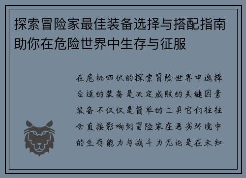 探索冒险家最佳装备选择与搭配指南助你在危险世界中生存与征服